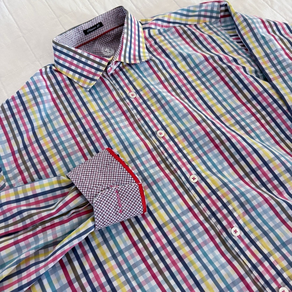 Bugatchi UOMO Mens XL ? Button Down Flip Cuff‎ Shirt Multicolor Plaid Read*